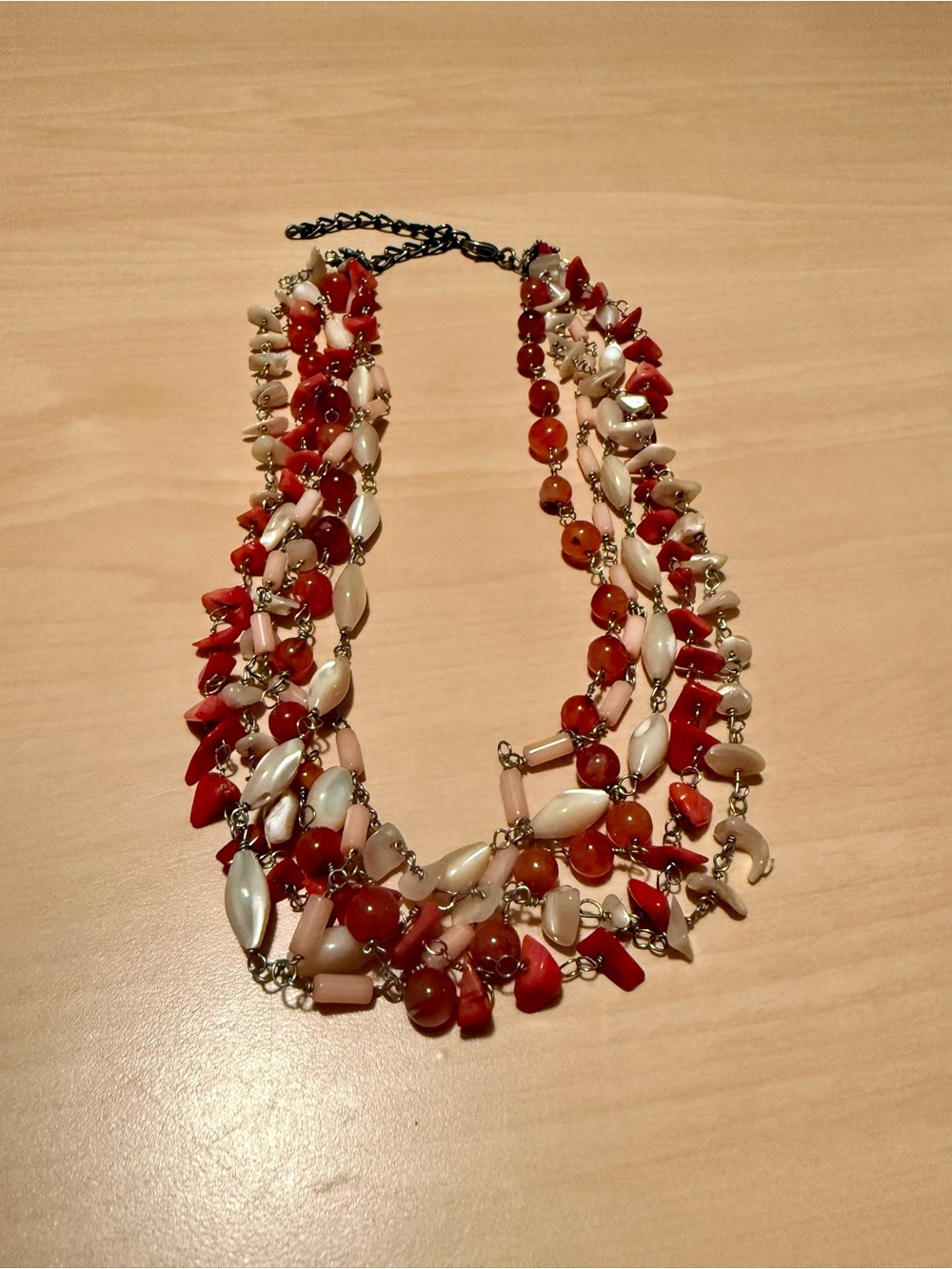 Multi-Strand Red, Coral, and Cream Beaded Statement Necklace